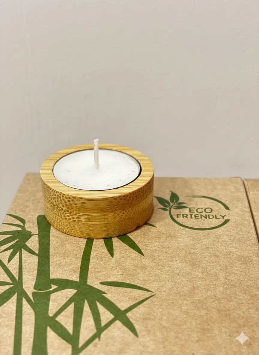 Bamboo Tea Light Holder with Candle (Set of 4)