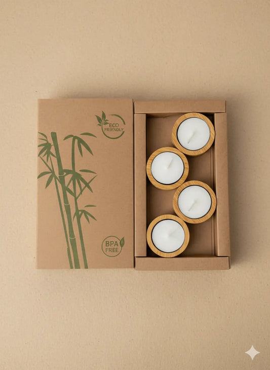 Bamboo Tea Light Holder with Candle (Set of 4)
