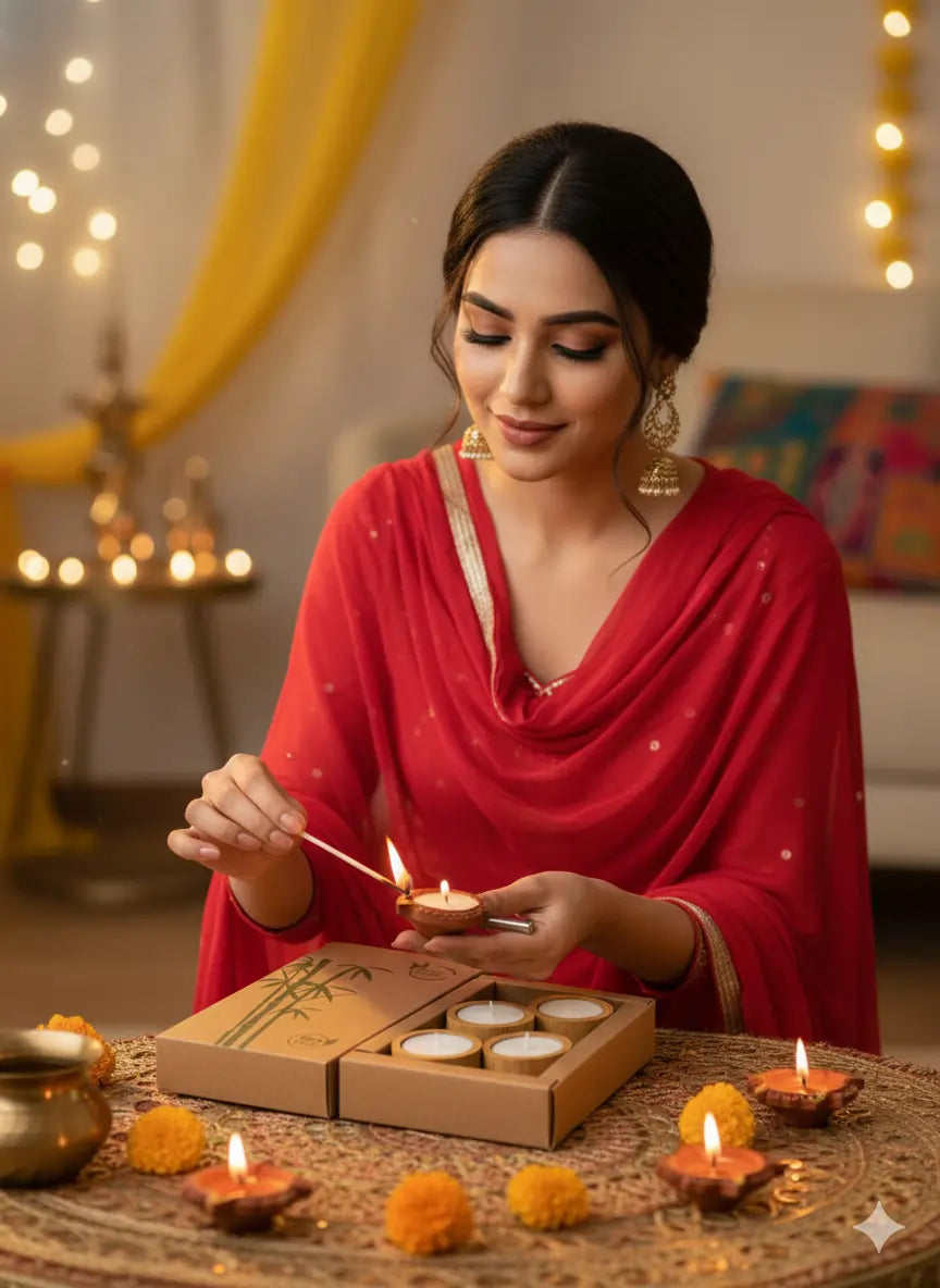 Bamboo Tea Light Holder with Candle (Set of 4)