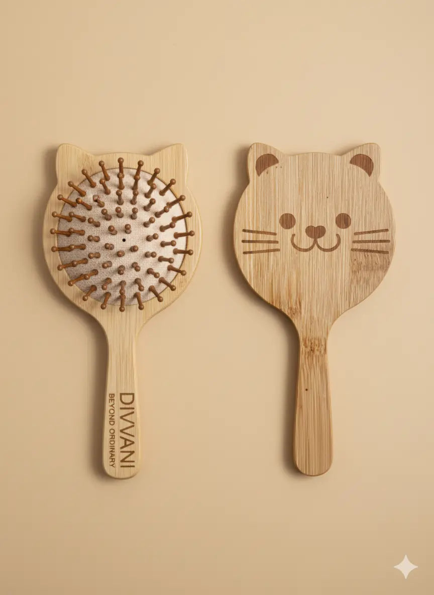 Bamboo Hair Brush, Cat Design