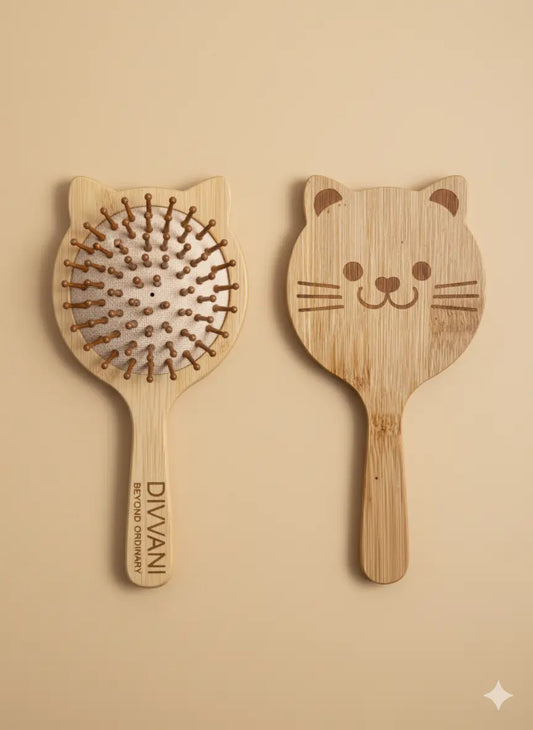 Bamboo Hair Brush, Cat Design